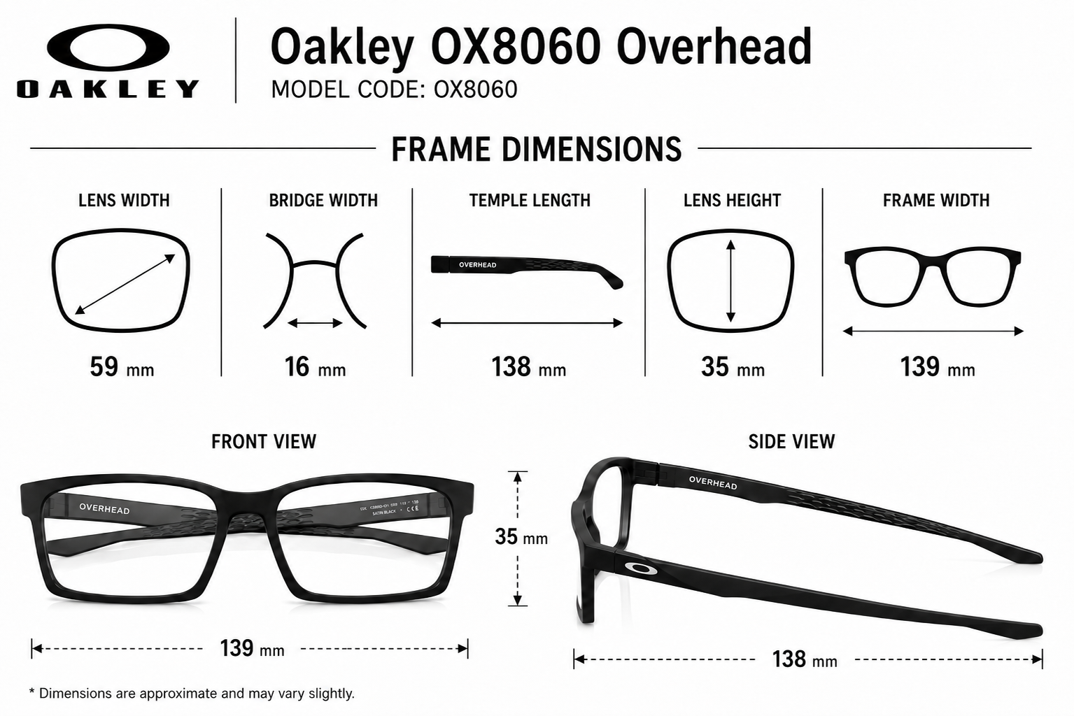 Oakley OX8060 Overhead Frame Sizes